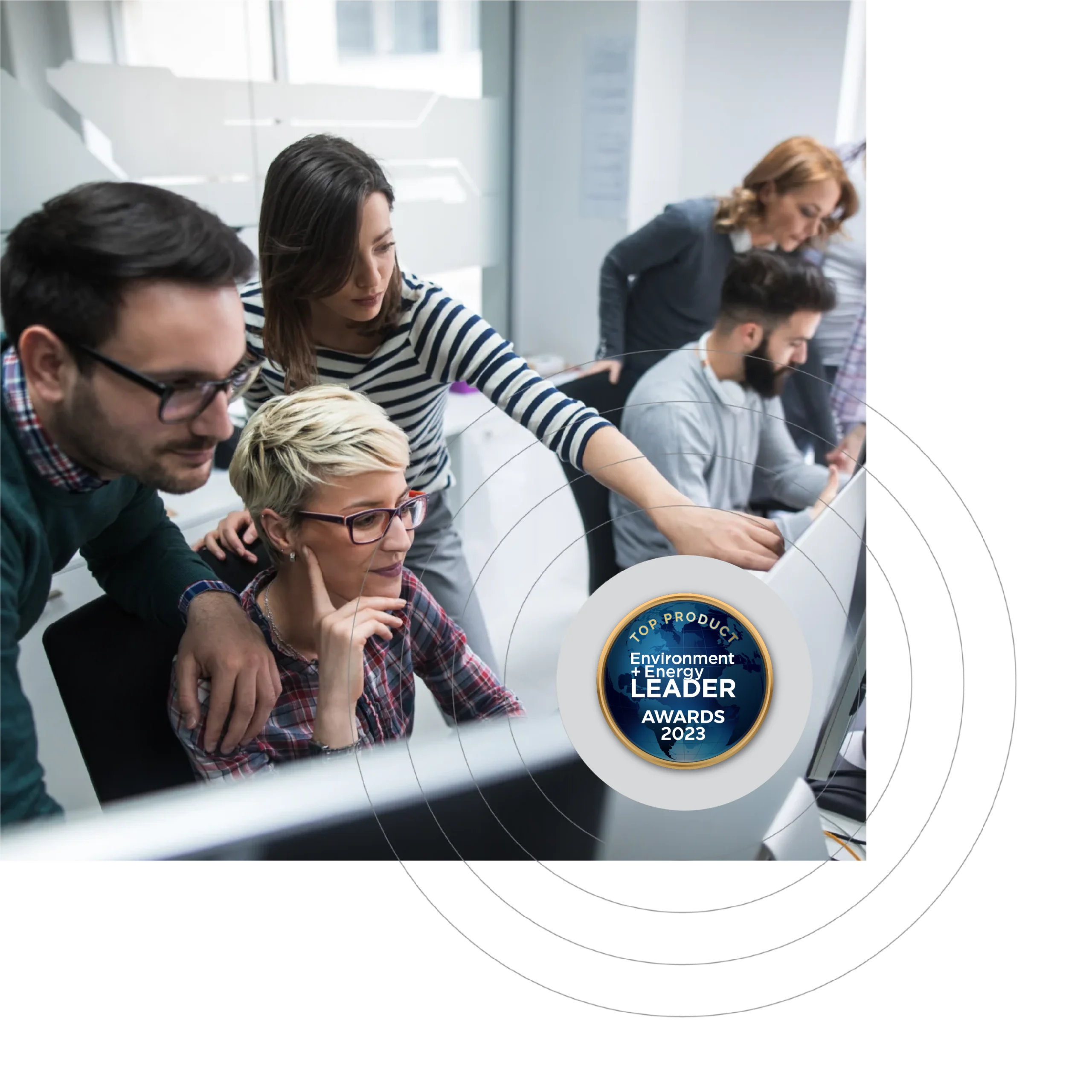 Icon of Top Product environment leader of 2023 award badge and a group of people, including both men and women dressed in various styles, with some wearing glasses