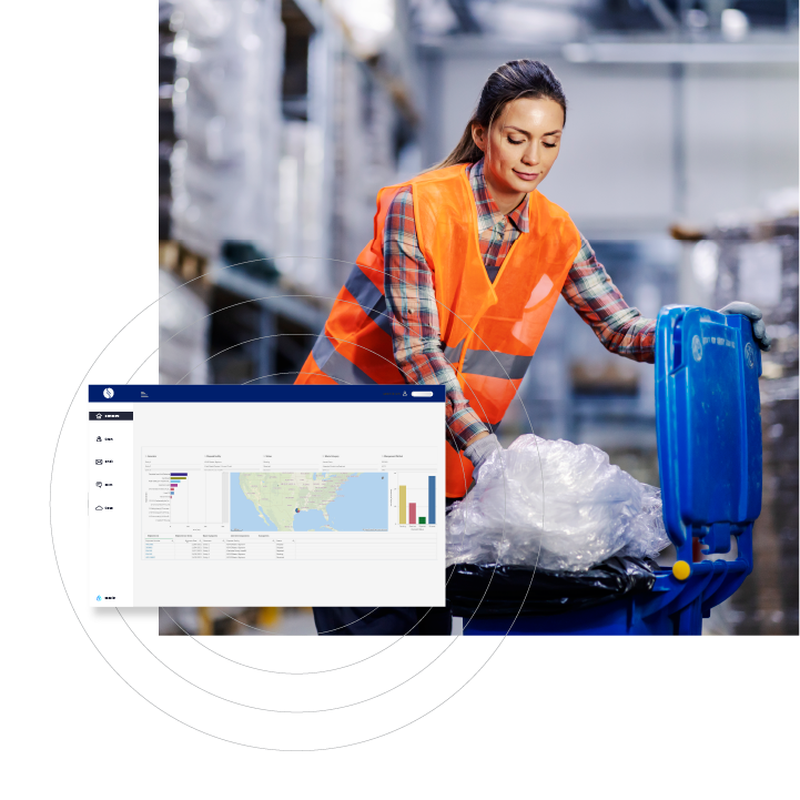 Female worker wearing a safety vest, sorting plastic waste into a blue recycling bin in a warehouse setting, with a digital waste management dashboard overlayed to highlight data tracking and analytics.