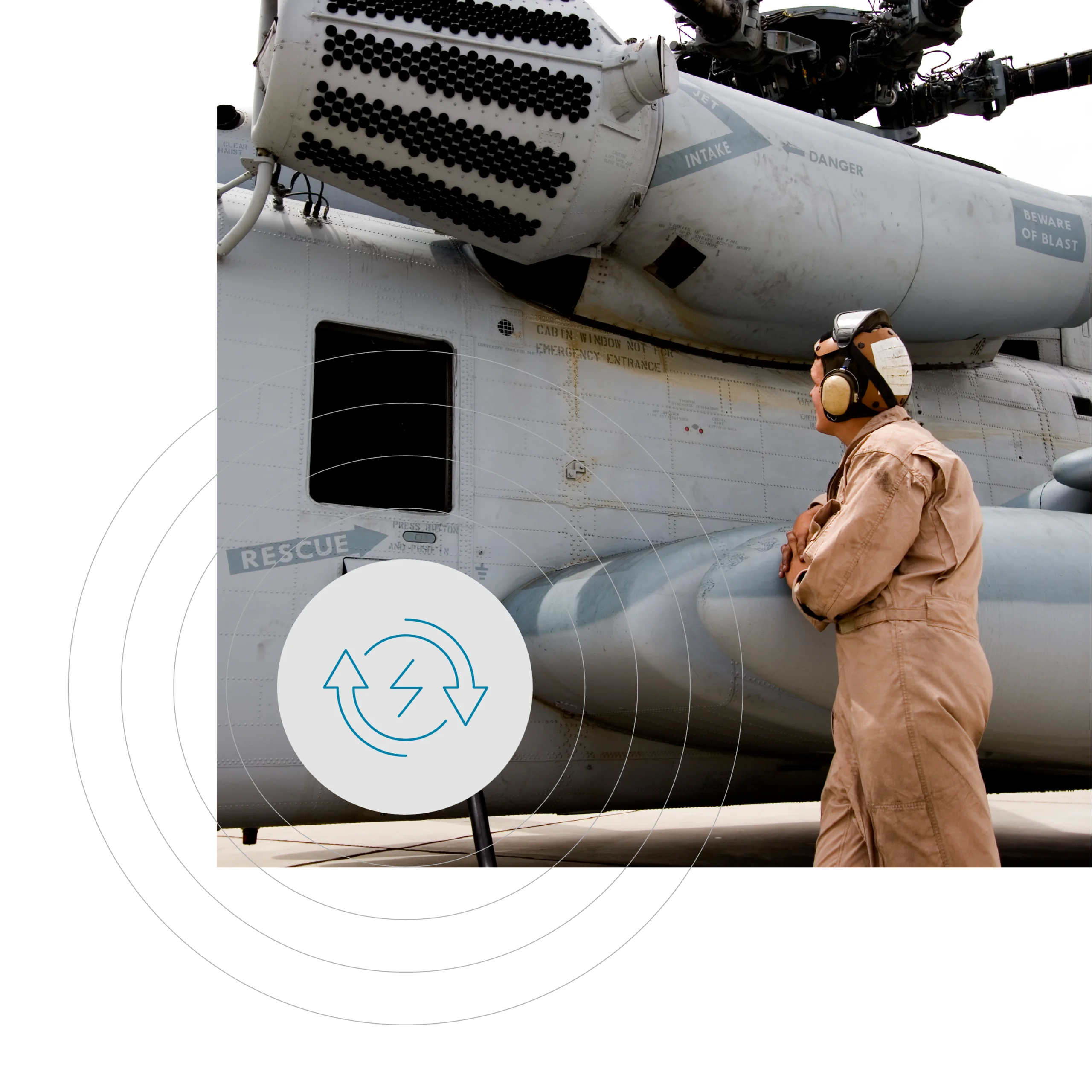 Shot of a military helicopter with a maintenance technician in a tan flight suit. A graphic circle with arrows and lightning bolts overlays the scene.
