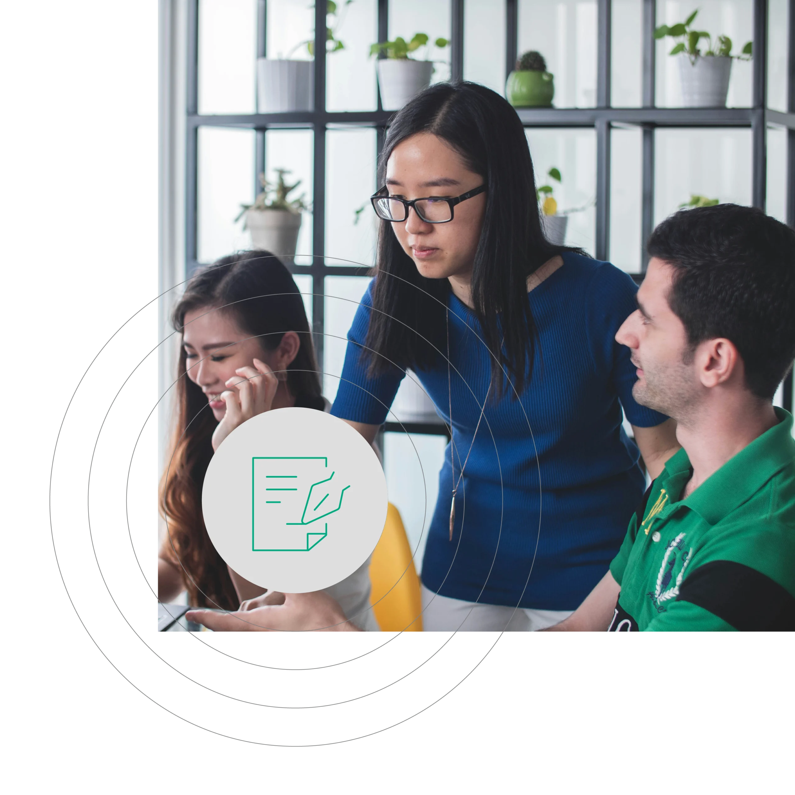 Three LCA consultants engaged in discussion, focusing on a document, with a file icon overlay. The background features modular shelving with potted plants.