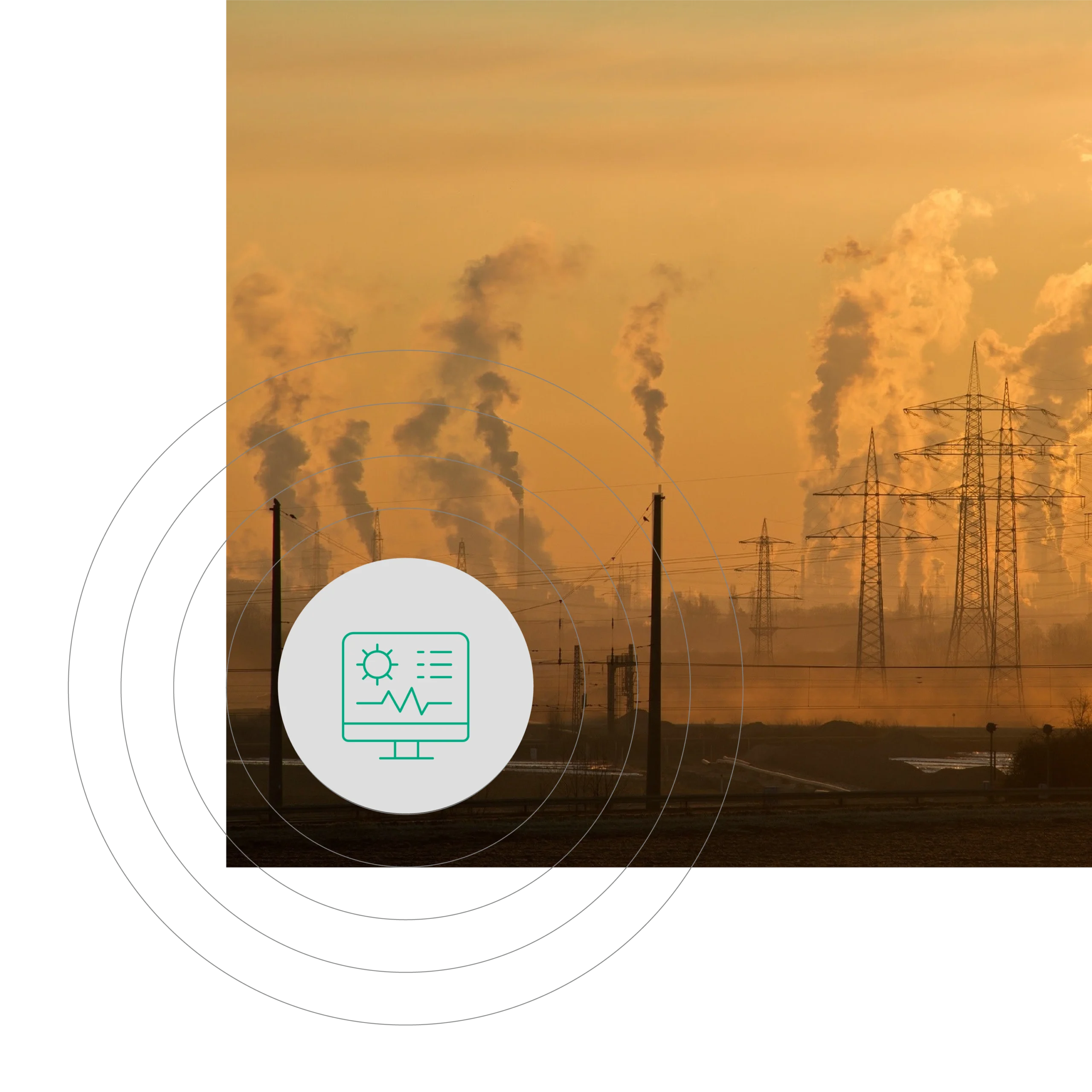 A computer icon and various elements of a landscape, including a sky with clouds, a pylon or electricity tower, and buildings under the hues of sunset and sunrise. The scene depicts an outdoor public utility setting.